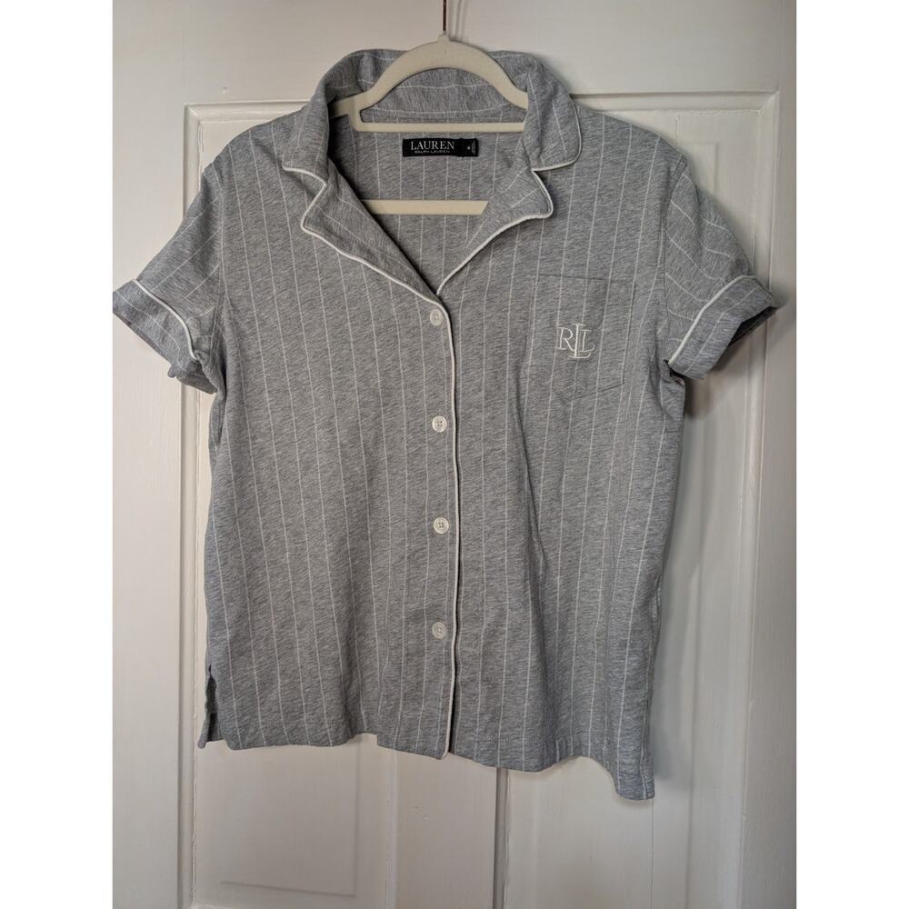 Lauren Ralph Lauren Women's Grey Pinstripe Pajama Shirt Embroidered M(780)